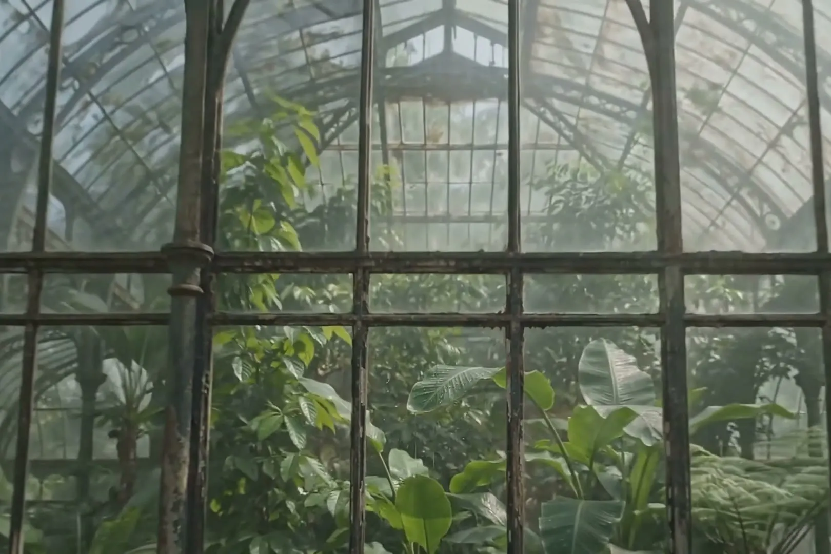 An overgrown glasshouse interior seen through its original weathered iron frame